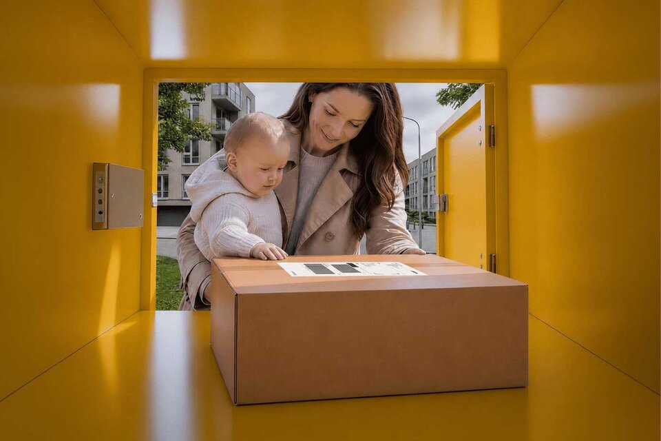 Vrouw en kind bij DHL pakketautomaat